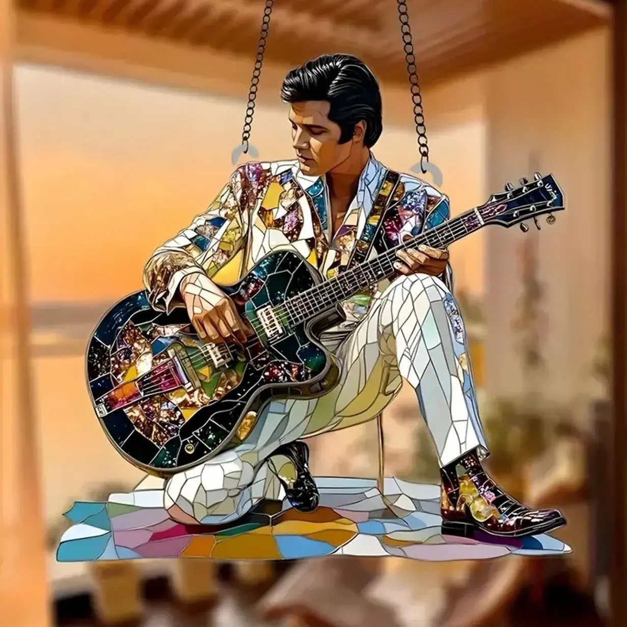 Elvis Presley Playing Guitar Acrylic Suncatcher Ornament - Faux Stained Glass Style Hangable Minimalist Home Decor, Rock 'n' Roll Music Lover Room Decor Gift