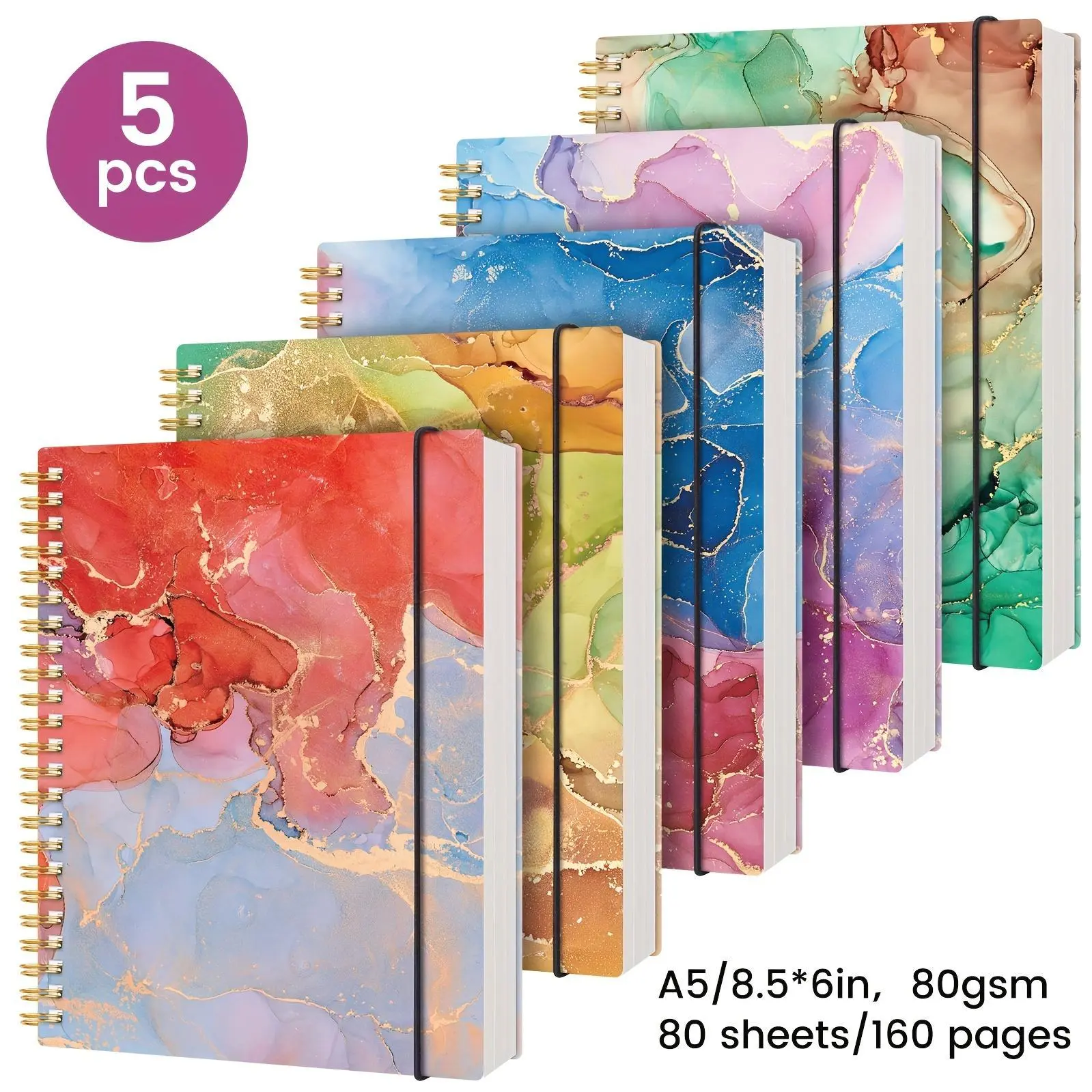 5pcs Spiral-Bound Hardcover Notebook - A5, Journal, 400 Sheets, No Bleed, Thick Durable Paper, Marble Texture, for Work, School Supplies, Perfect for Back-to-school Gifts, Teacher Appreciation Gifts, School Supplies