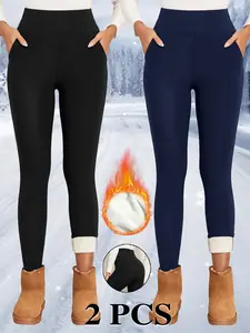 Women's Fleece Lined Winter Leggings with Pockets, High Waist Slim Fit, Plain Color, Casual Comfort for Fall & Winter, Womenswear
