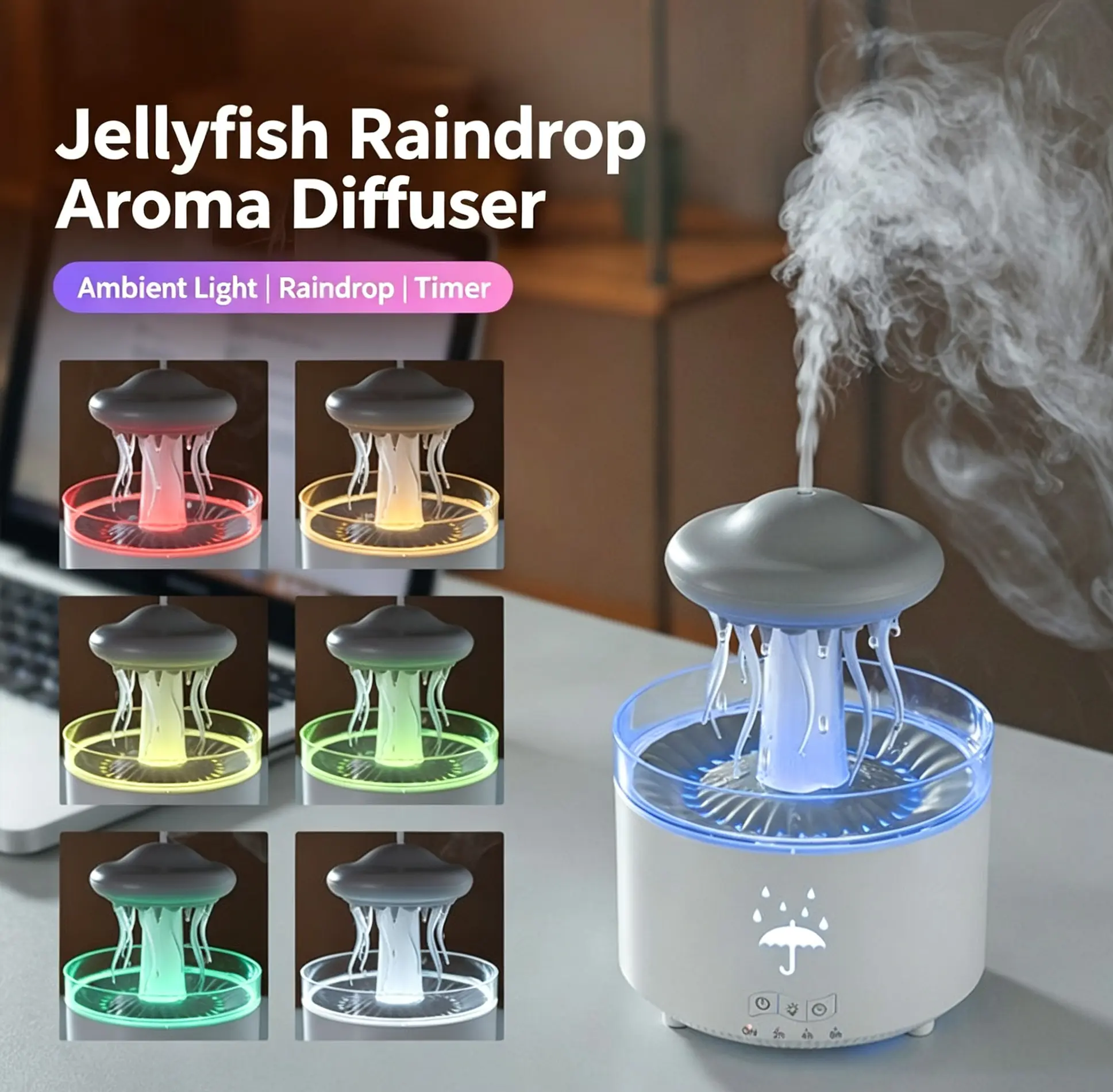 USB Aesthetic Jellyfish Raindrop Aroma Diffuser with LED Lights - Essential Oil Humidifier for Stress Relief, Calming ASMR Experience
