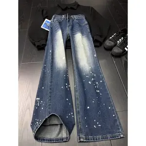 Blue Splaed Ink Bell Bot Jeans Men's American High Street Vibe Pants Cool Street Sle Slimming Knife Straight Tube Jeans