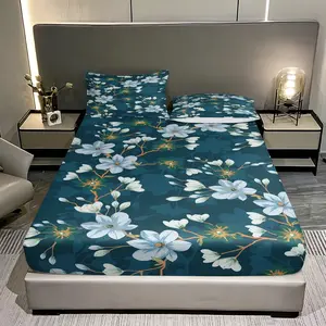 Three pieces with light blue floral patterns on a dark blue background Print Floral Sheets Fitted Sheet Set (1 Fitted Sheet + 2 Pillowcases), Bedroom or Guest Room Use