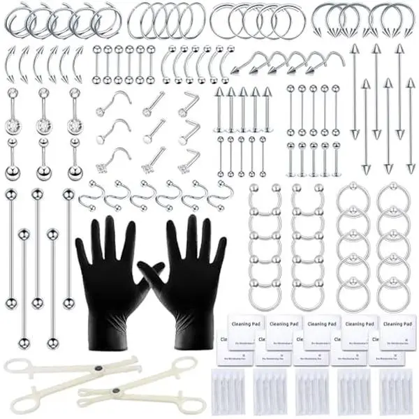 TKKUY 153Pcs Piercing Kit: 12G, 14G, 16G, 20G Needles & 316L Stainless Steel Jewelry for Nose, Belly, Lip, Ear & More