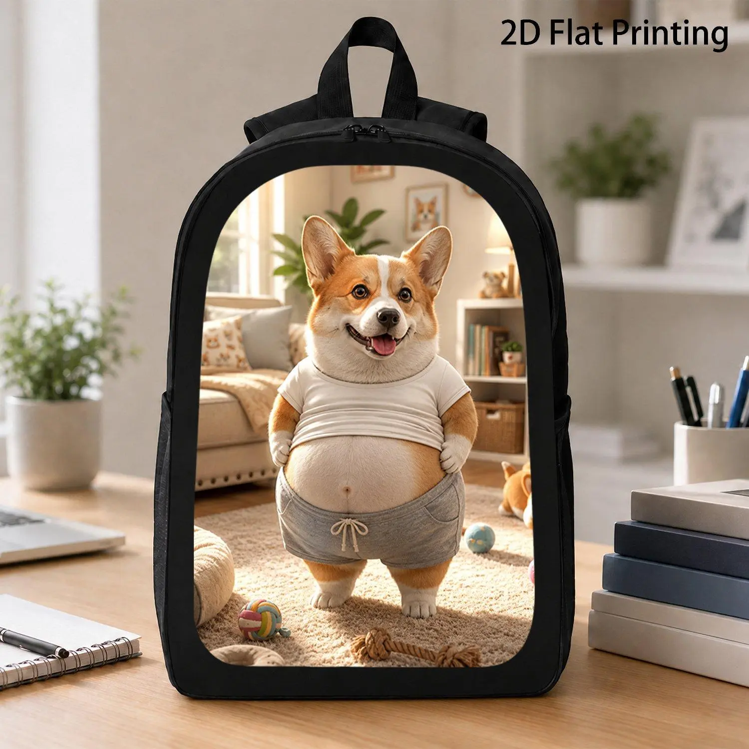 17 Inch Backpack Cozy Home Interior Printed Cheerful Chubby Corgi Dog Lifting T Shirt Showing Round Belly Popular Funny Pet Graphic Portable Travel School Laptop Backpack Stylish Durable Carrying Bag