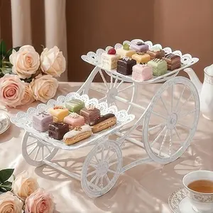 ☕️ Afternoon Tea Aesthetic | 2-Tier Hollow Lace Pastry Cart | Vintage White Dessert Display Tray