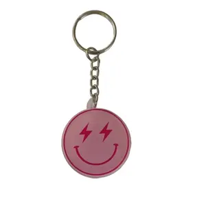 Pink Smiley Face Lightning Bolt Eyes Keychain