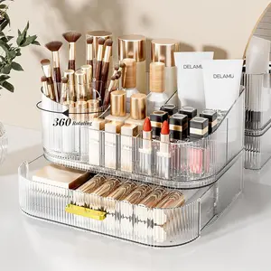 Makeup Organizer with Stackable Drawers 360 Rotating Makeup Brush Holder Large Cosmetic Display Case for Vanity Dresser Bathroom Countertop Skincare Storage Crystal Clear