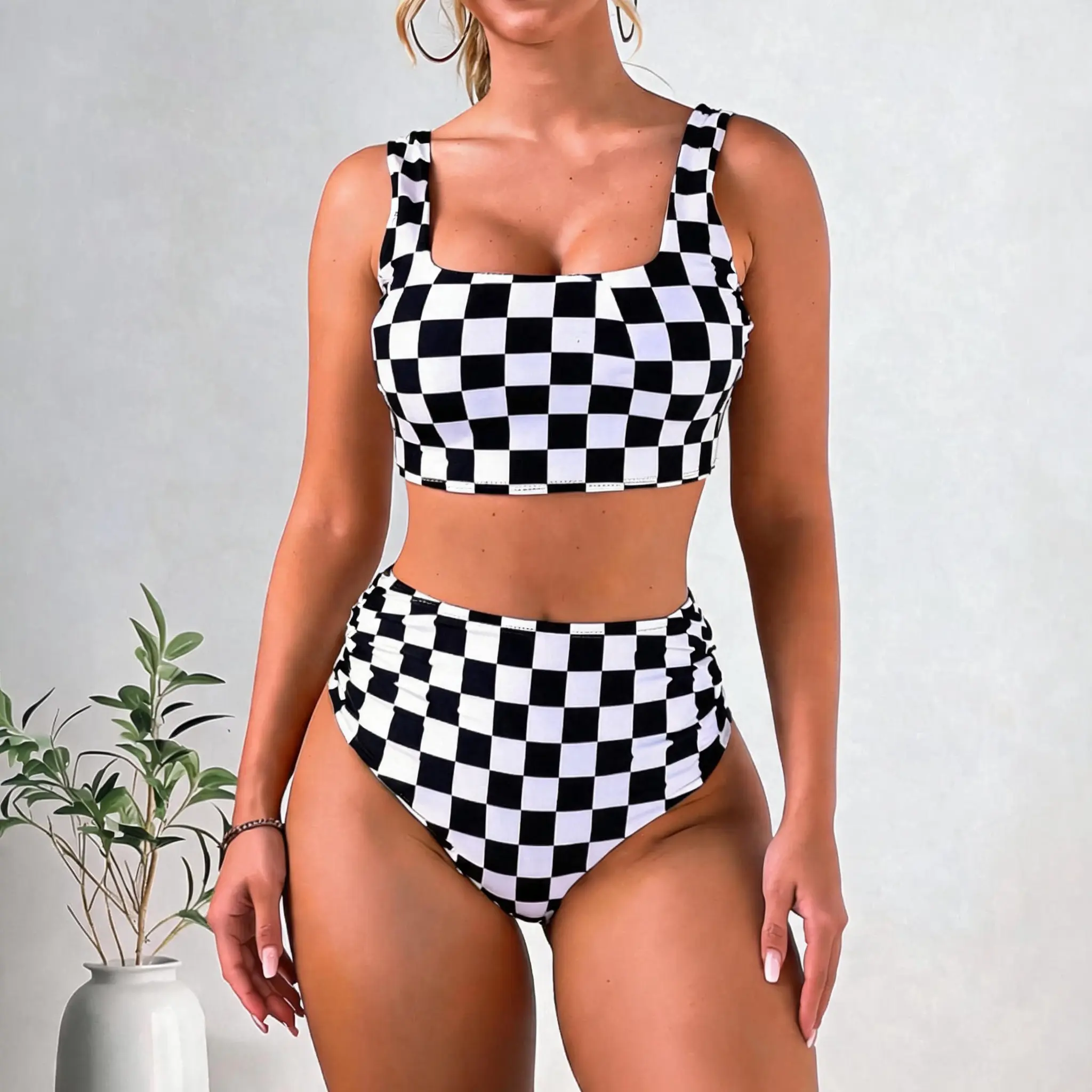 Women's Chlorine-Resistant UPF50+ Quick-Dry 220GSM Nylon-Spandex Double-Lined Ruched High-Waist Square-Neck Wide-Strap Checkerboard Print 2-Piece Bikini Swimsuit Set
