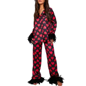 Women��s Pajama Set Feather Trim Long Sleeve Button Up Heart Shirt + Pants Set Sleepwear Loungewear Womenswear