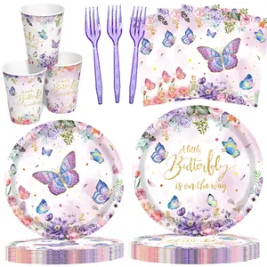 Butterfly Theme Birthday Party Supplies Set, Includes Disposable Paper Plates Napkins Cups Forks, Suitable for 24 People, Perfect for Butterfly Decorations