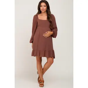 Brown Square Neck Puff Long Sleeve Maternity Dress