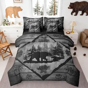 Feelyou 7-Piece Lodge Cabin Bedding Set - All Seasons Lightweight Comforter & Sheet Set, Black Bear Pine Tree Decor, Breathable Weave for Teens & Adults' Bedroom Dorm, Seven Pieces