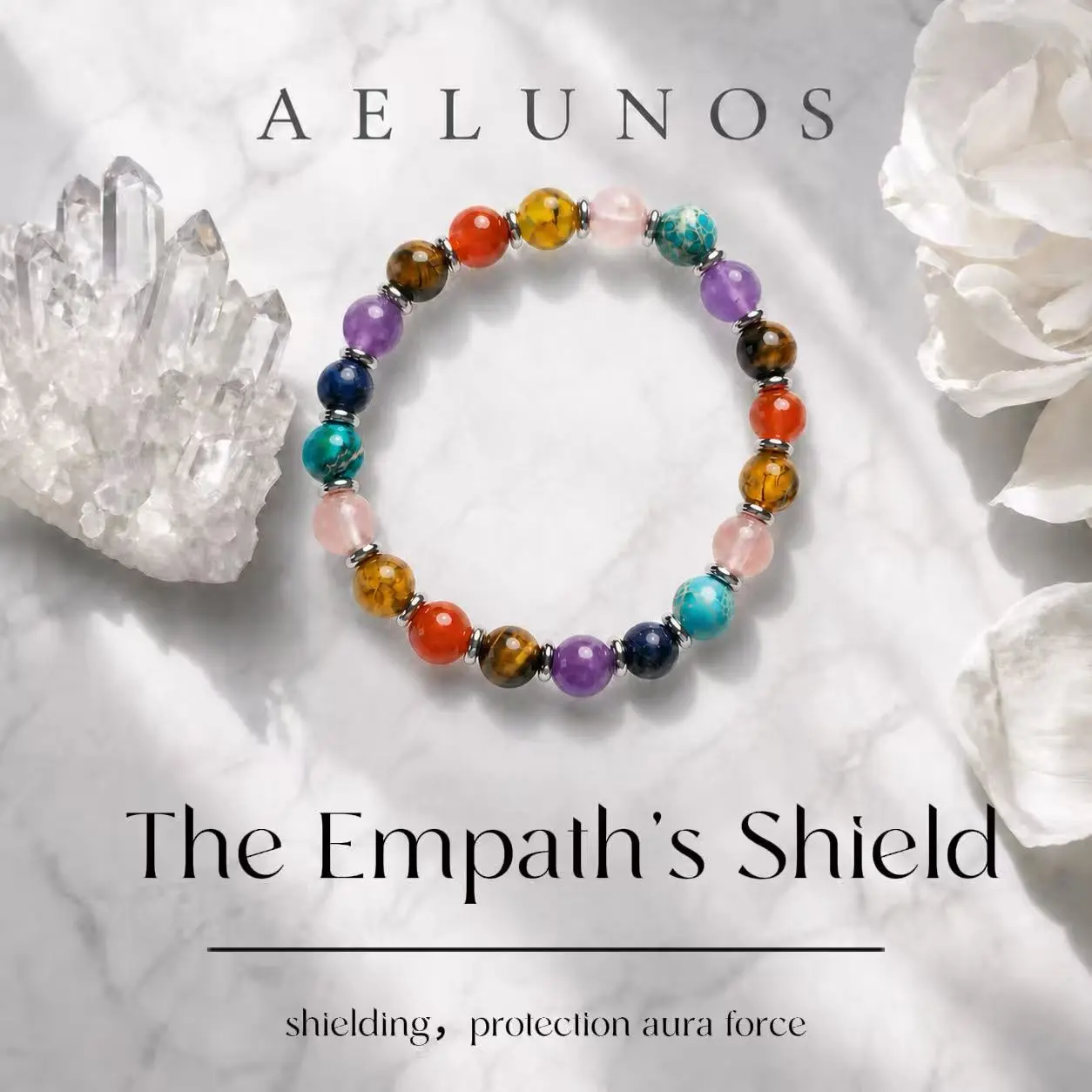 AELUNOS The Empath's Shield Crystal Healing and Protection Bracelet, 8 mm Colorful Semi-Precious Stone Beads, Chakra Balancing Jewelry for Aura Cleansing and Negative Energy Protection, Unisex Gift for Friends and Family