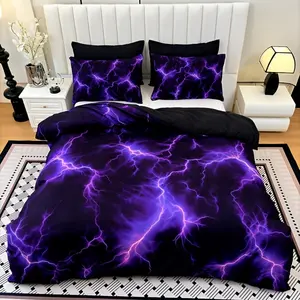 3PCS purple lightning line quilt cover set (1 quilt cover + 2 pillowcases do not contain quilt core pillow core), high definition printing in home dormitory, comfortable and breathable and machine washable