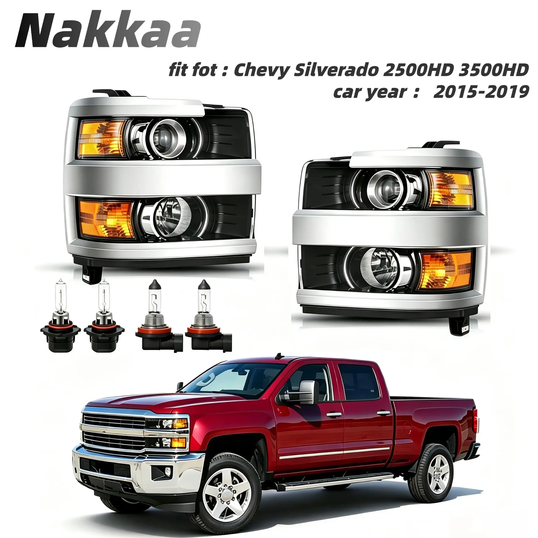Nakkaa Fit For 2015-2019 Chevy Silverado 2500HD 3500HD ,Chrome Projector Headlights Headlamp ,Left & Right ,With Bulbs