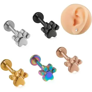 2Pcs 16G Stainless Steel Paw Cartilage Stud Earrings for Women Paw Print Flat Back Earrings Studs Labret Monroe Lip Rings Conch Helix Tragus Piercing Jewelry