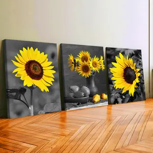3Pcs Wooden-Framed Canvas Print Set - Artistic Yellow Sunflowers & Pears Still Life Painting, Odorless Home Supplies Room Accessories, Indoor Wall Art for Living Room, Bedroom, 30*40cm(11.8*15.7inch)