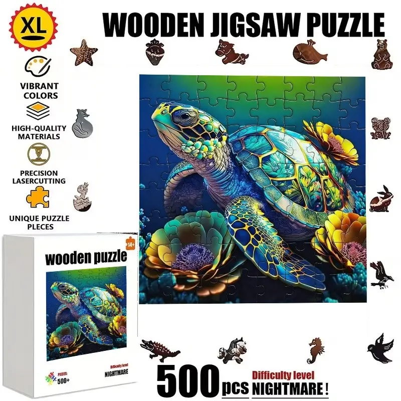 500 Piece Wooden Puzzle, Painted Turtle Pattern, Brain Challenge, Unique Irregular Shapes, Home Entertainment, Relaxing Activity