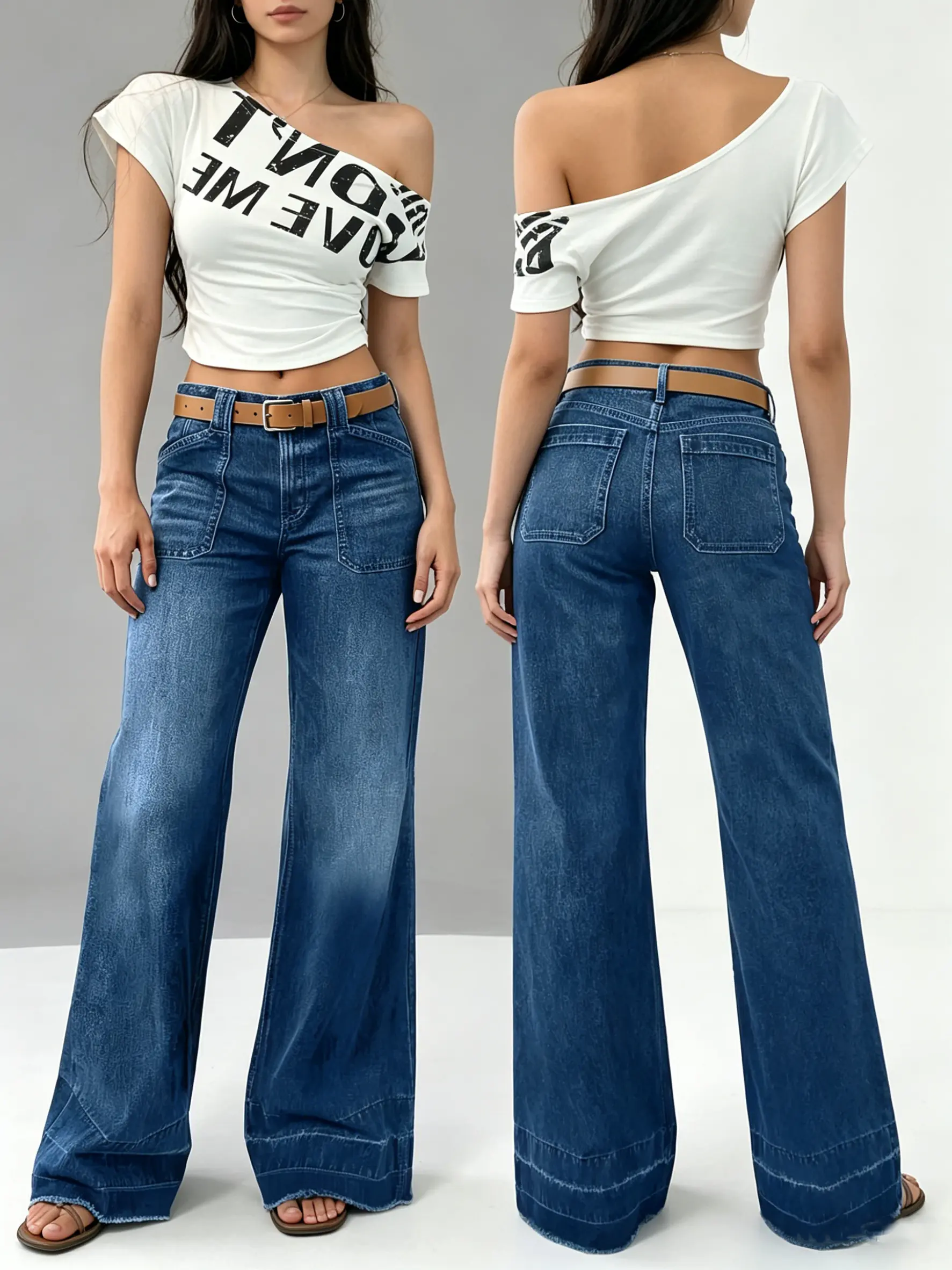 European and American spring new blue washed elastic wide leg jeans, with a women's tassel edge design and a crease at the hem