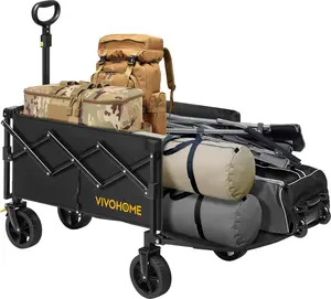 VIVOHOME 130L Collapsible Wagon with Tailgate, 320lb Load-Bearing Outdoor Utility with All-Terrain Wheels, Adjustable Handle, Cup Holders for Camping, Shopping, Garden, Sports, Picnic, Black
