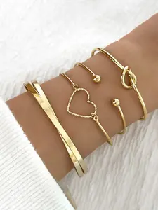 4 Pcs Stackable Layered Bracelets, Elegant Heart Pattern Adjustable Open Bracelets, All-Season Women's Jewelry, Perfect Gift