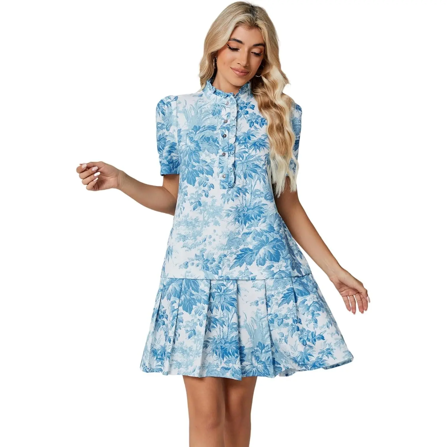 Women's Floral Short Sleeve Stand Collar Front Buttons Casual Swing Pleated Mini Dress, Elegant Work Wear Option