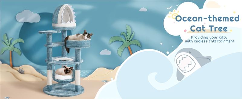 【Valentine Gift】Yaheetech 45/61/72″ Ocean-themed Cat Tree, Multi-Level Plush Cat Tower with Condo, Sisal Scratching Posts and Perches