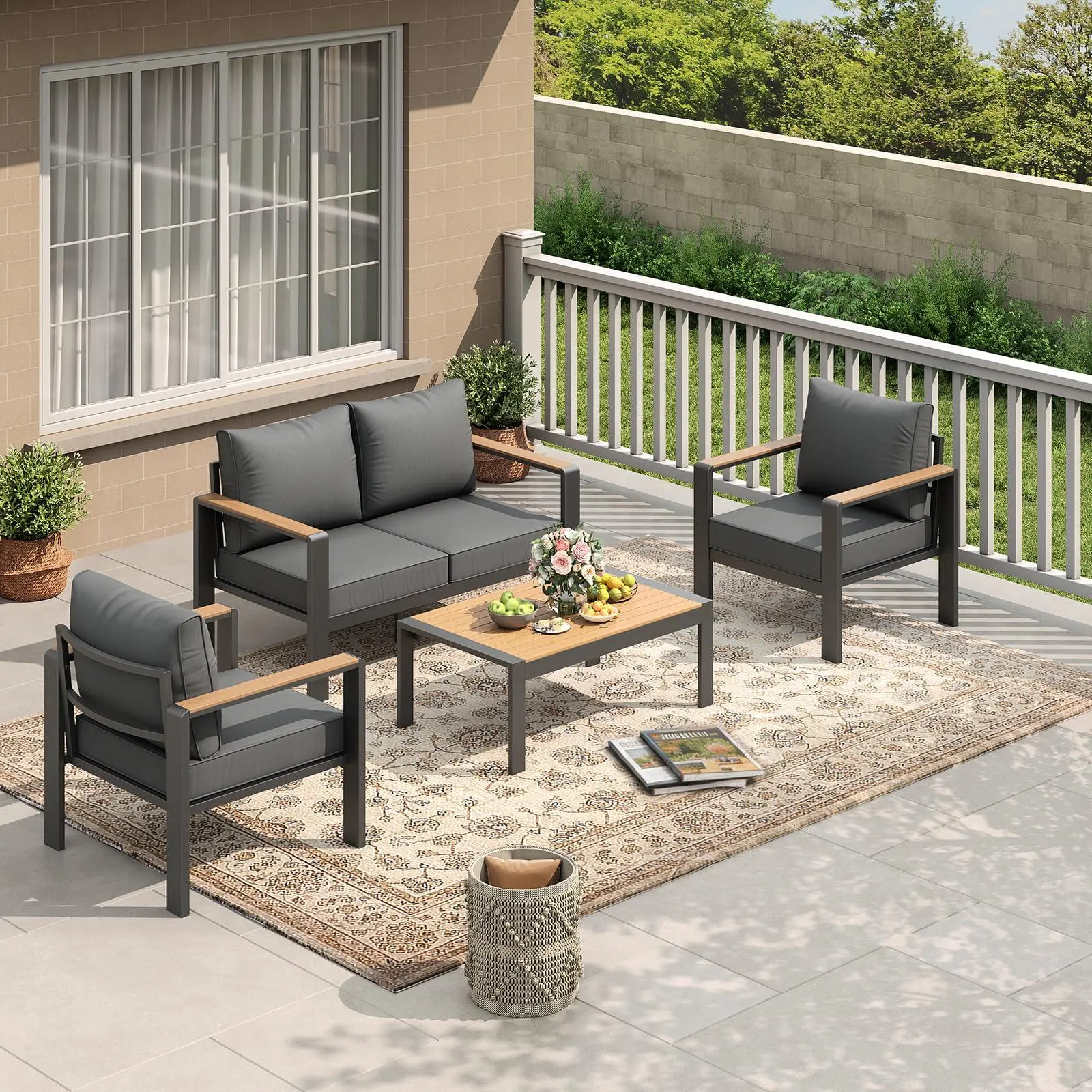 GARVEE 4-Seat Aluminum Outdoor Sectional Patio Furniture Set with Washable Thick Outdoor Sectional Cushion, Coffee Table for Porch, Deck