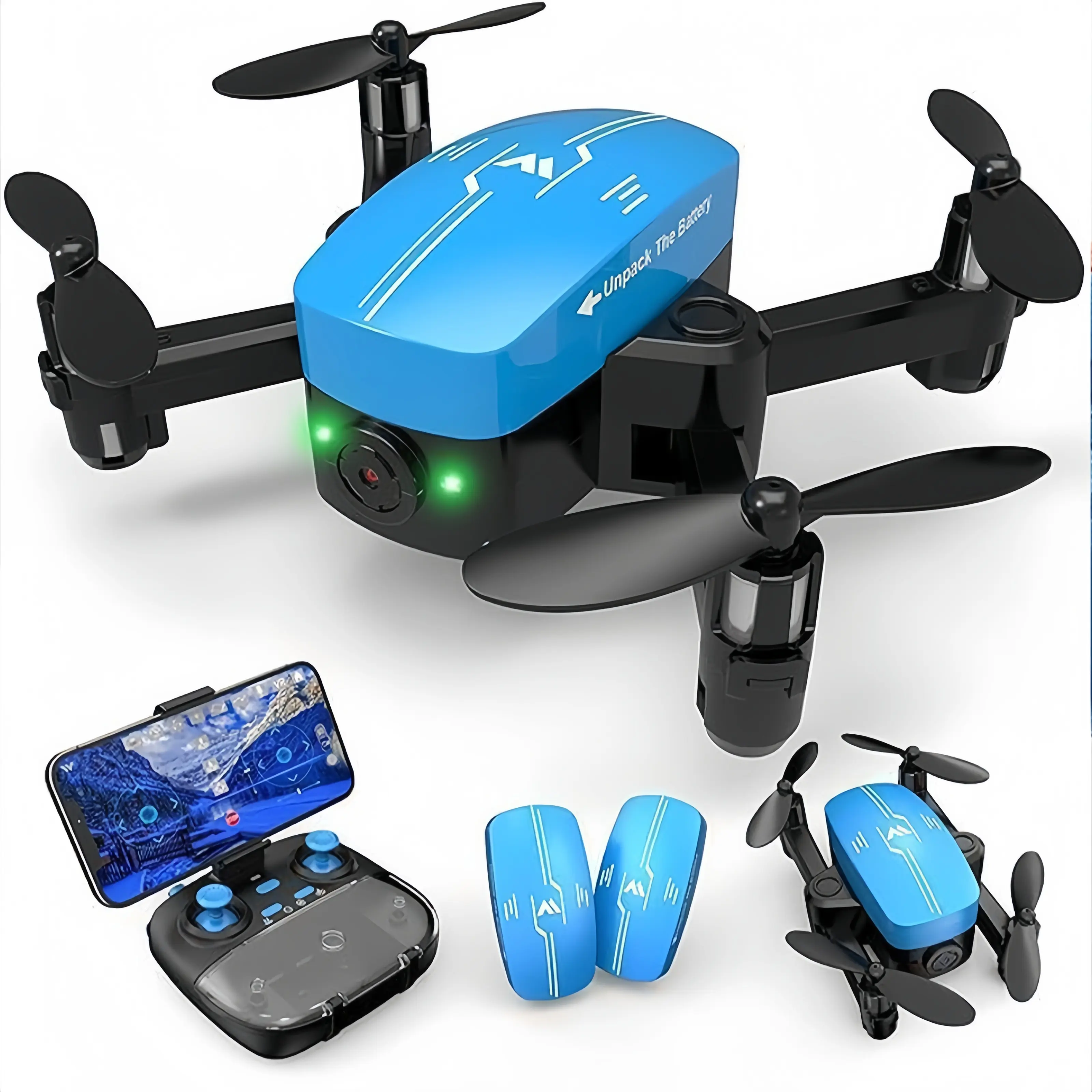 W16 Mini Foldable RC Quadcopter Drone, Blue Mini Drone With Camera, Comes With 2 Rechargeable Batteries, FPV Real‑Time Video Transmission, Portable Flying Toy For New Users