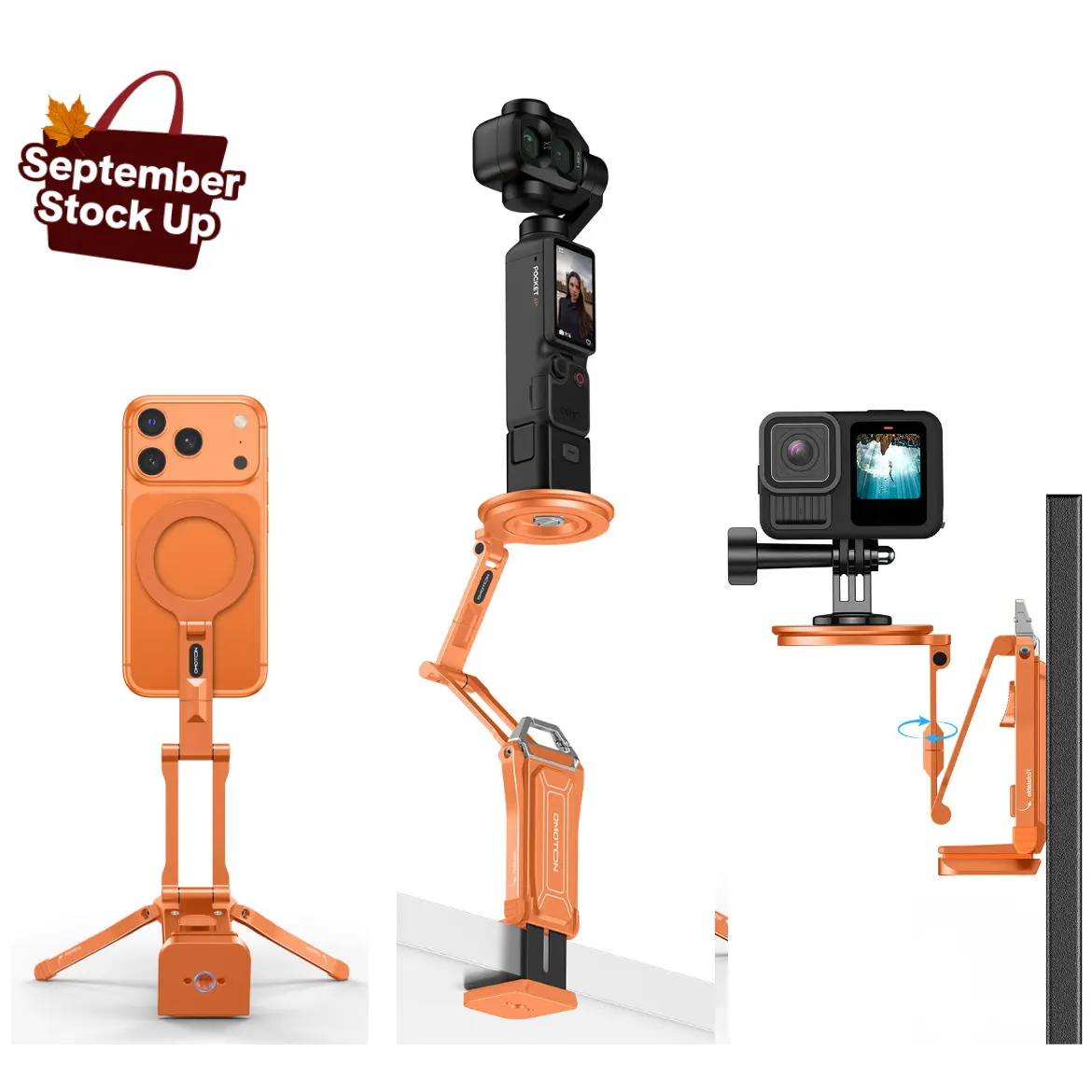 OMOTON TP02-Ultra 2 in 1 Magnetic Camera Mount, Mini Tripod Detachable for DJI/GoPro/Xtra/iPhone, Arca-mount with 1/4" Screw for Action Camera, for iPhone 12-18 Series, Selfie Mount for Gym Kitchen Travel, Smartphone Phone Mount