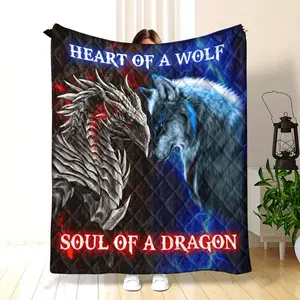 Wolf & Dragon Fleece Throw Blanket, Multi-Use Digital Print Cozy Blanket For Air Conditioning And Napping, Decorative Fantasy Creature Design