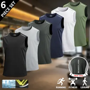 6-Pack Men's Gym Athletic Casual Tank Tops, Summer Lightweight Sleeveless Training Tees for Outdoor Running, Letter Print Mesh Breathable Polyester, American Basketball Jerseys, Casual Beach Tank Tops Summervibes