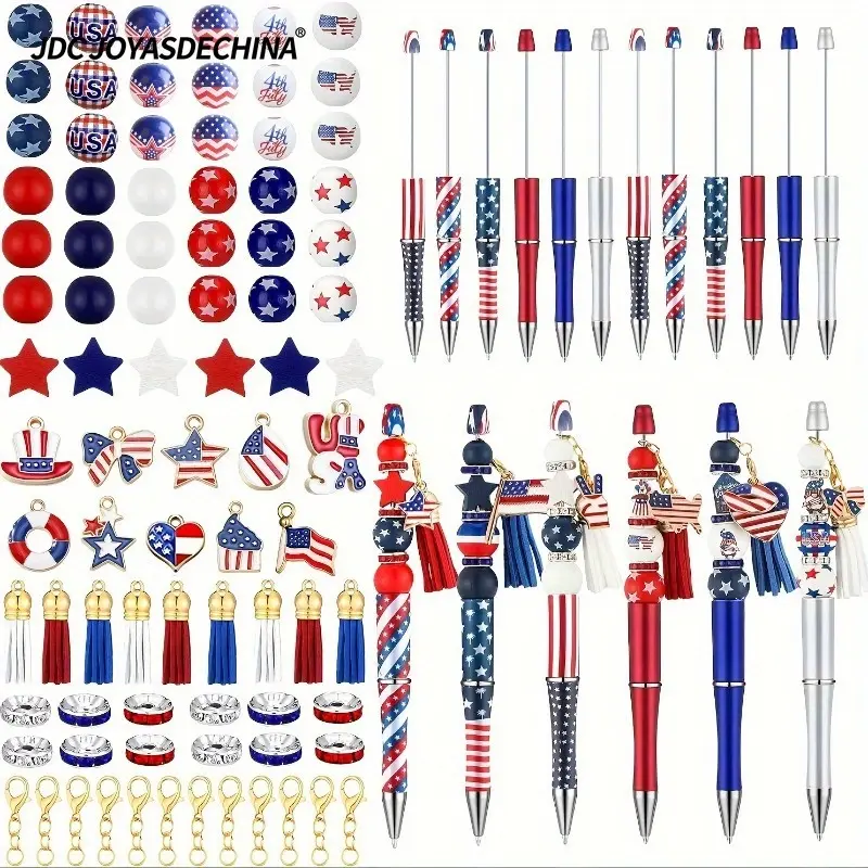 170pcs Independence Day Beadable Pens DIY Craft Kit for Beading & Jewelry Making - Back to School Supplies with American Flag Beads, Star Beads, Tassels, Pendants - Ideal for Students, Gifting, Office