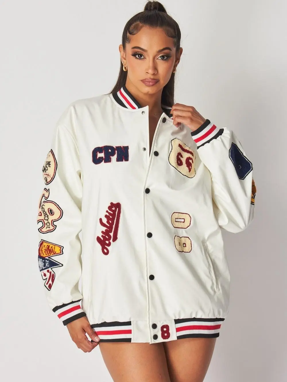 Women's All-Star Patch Bomber Jacket - Patchwork Tops, Ribbed Matching Striped Streetwear Coat, Coats