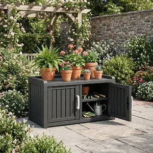 45/60 Gallon  Multi-Functional Storage Bench & Shoe Cabinet, Waterproof UV-Resistant PP – 550 lbs Capacity, Wood Grain, Detachable Shelves, Seat & Table for Home & Garden Summervibes