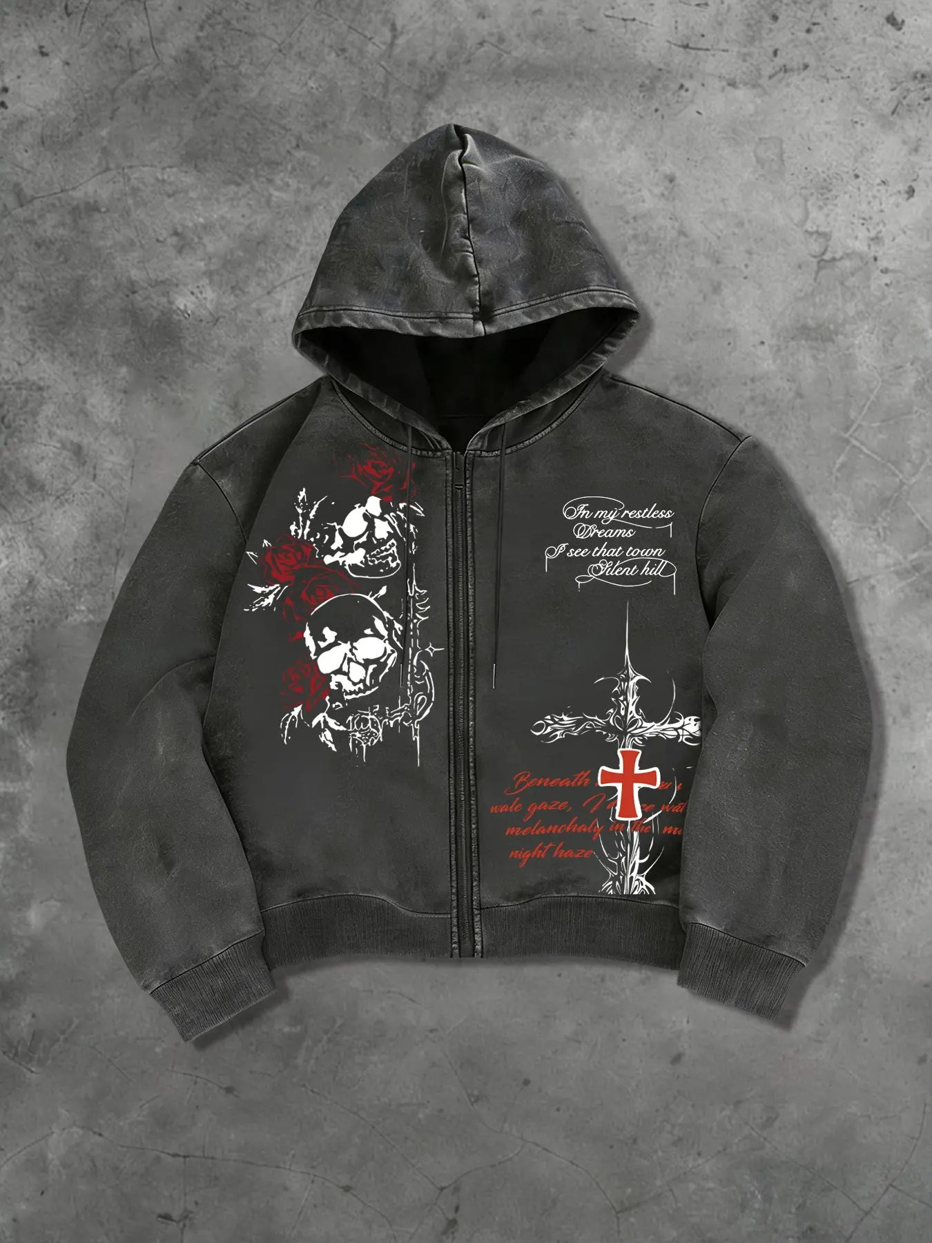 【GRAY】Thorn cross sweat shirt Men's Y2K Dark Aesthetic Saint Thorn Cross Zip Graphic Hoodie