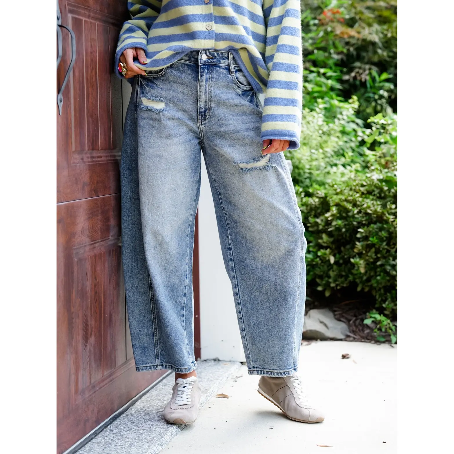 Cello High Rise Medium Wash Barrel Jeans with Side Panels