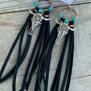 Fierce Fringe Couture Hypoallergenic Fringe Bullhead Earrings with Turquoise Beads and Leather Tassels