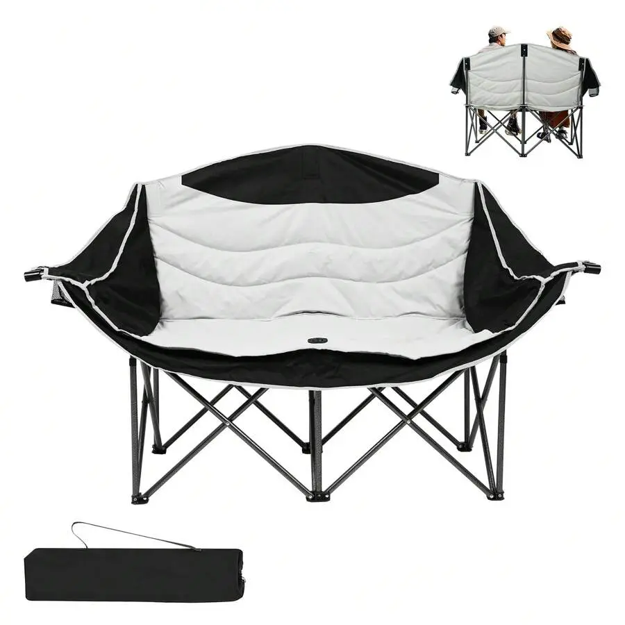 Double Folding Camping Chair With Cup & Wine Glass Holders, Heavy-Duty Oversized Loveseat, 500 Lbs Capacity, Lightweight & Portable With Carry Bag, Great For Outdoor Events