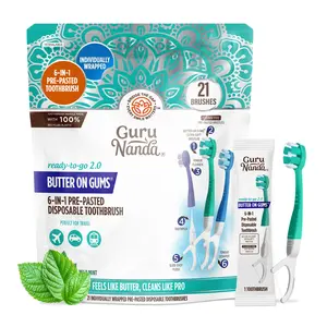 GuruNanda 6-in-1 Ready-to-Go Pre-Pasted Butter on Gums Mini Travel Toothbrush with Floss & Toothpick, No Rinsing Needed, Individually Wrapped & TSA Friendly, 21 Ct GuruNanda 6-in-1 Ready-to-Go Pre-Pasted Butter on Gums Mini Travel Toothbrush with Floss & Toothpick, No Rinsing Needed, Individually Wrapped & TSA Friendly, 21 Ct