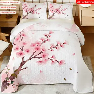 3 pcs, 2D flat print Pink Cherry Blossom & Butterfly bed cover set, Japanese floral theme, multiple sizes available, bedding set, festive decorative bedding, ideal for bedroom décor(1 bedspread , 2 pillowcase)