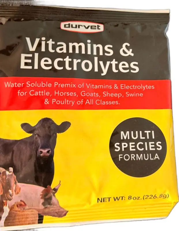 Durvet Vitamins & Electrolytes Multispecies Supplement - Water Soluble Premix for Cattle Horses Goats Sheep Swine & Poultry - 8oz Formul