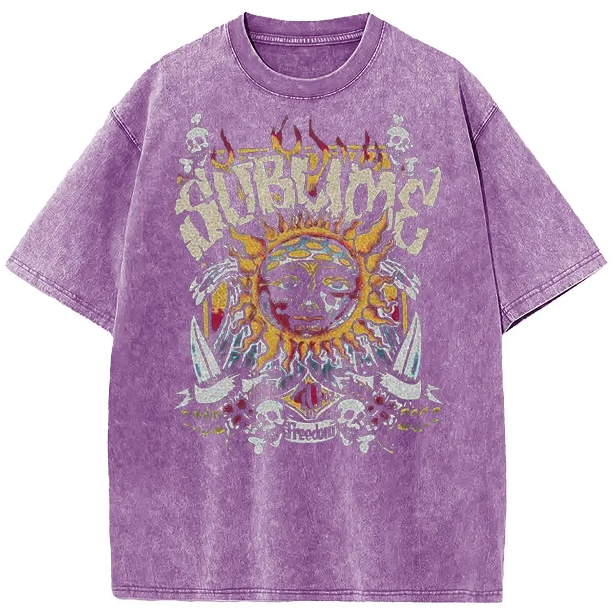 Unisex Graphic Tops, Lightweight Acid Wash Sun T-Shirt with Round Neck, Relaxed Fit Streetwear in 100% Cotton Fabric, Print, Fashion, Oversize, Graphic Tees, Acid Wash Men's Short-Sleeve T-Shirts, Graphic Print