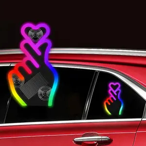 2Pcs Solar Finger Heart Car Window Light, Solar-Powered Wireless LED Heart Shape Neon Light Switchable Modes Solar Heart LED Ambient Light for Romantic Car, Outdoor Decor, Couple