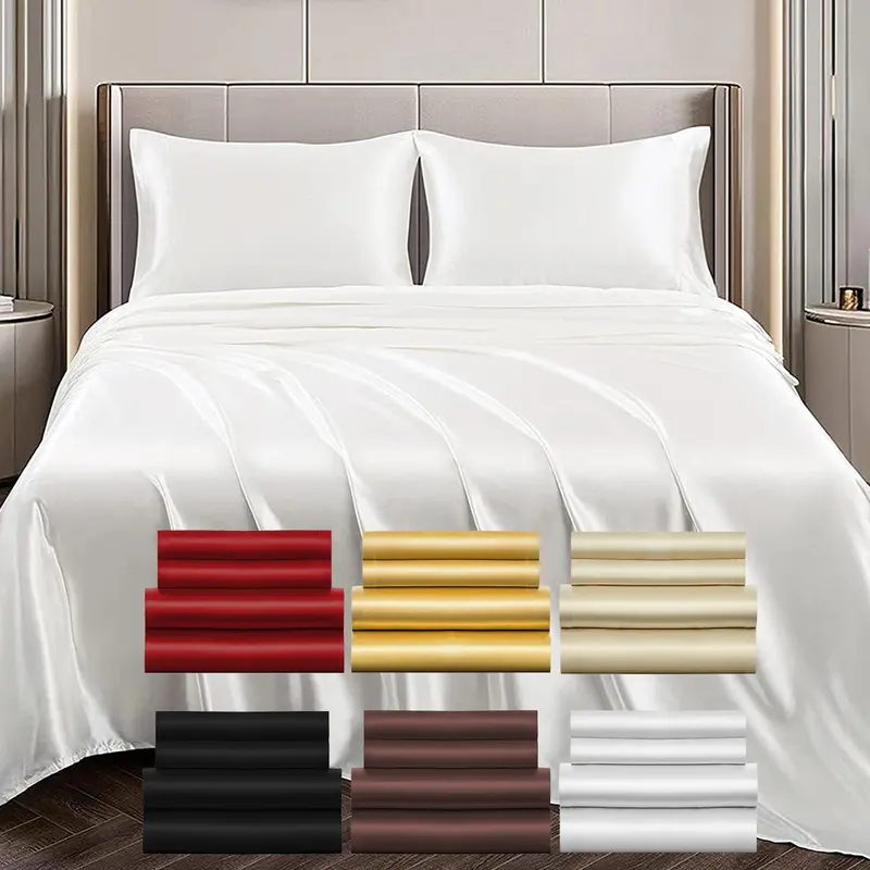4-Piece Satin Bed Sheet Set – Ultra Soft, Hypoallergenic, Washable King Size, Striped Design