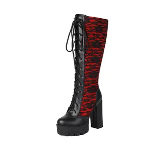 Women's Round Toe Trendy Lace-Up Leather Knee-High Shoe - Chunky Thick Platform Rubber Sole High-Heel, Winter Cold Weather Outdoor Fun Footwear