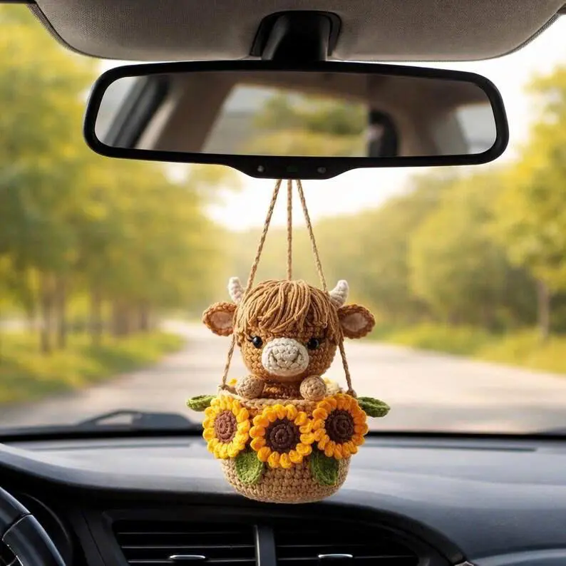 Handmade Crochet Sunflower Highland Cow in Plant Pot Hanging Decor, Longhorn Cow Rearview Mirror Car, Baby Highland Cow Room Decoration