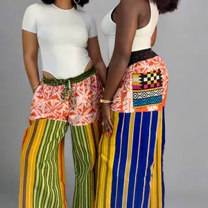 Adùn Blend Pants Wide Leg Trousers in Aso Oke & Adire Cotton Blend with Elastic Waistband and Side Pockets for Comfort and Style