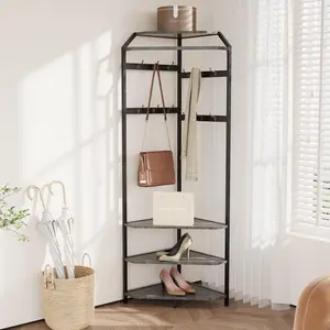 Garvee Corner Coat Rack with 3 Storage Shelves, 6 Double Hooks & Spacious Storage Shelf, Corner Hall Tree and Clothes Rack for for Bedroom, Living Room, Hallway