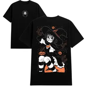 Hunter x Hunter Shizuku T-Shirt, Hoodie & Sweater – Front Print Spider 08 Logo & Back Print Shizuku in Witch Costume Sitting on Pumpkin with Halloween Theme Design | Unisex Sizes S–5XL Anime Streetwear Gift for Manga & Anime Fan